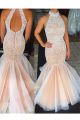 Mermaid Halter Open Back Champagne Tulle Beaded Prom Dress