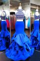 Mermaid Halter Two Piece Royal Blue Satin Ruffle Rhinestone Prom Dress