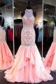 Mermaid High Neck Open Back Light Pink Chiffon Beaded Prom Dress