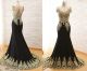 Mermaid Illusion Neckline Black Satin Gold Lace Applique Evening Prom Dress