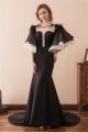 Mermaid Illusion Neckline Feather Flare Sleeve Black Satin Prom Dress