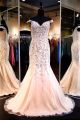 Mermaid Off The Shoulder Champagne Tulle Beaded Prom Dress