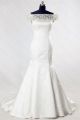 Mermaid Off The Shoulder Satin Tulle Beaded Wedding Dress With Buttons