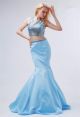 Mermaid Open Back Two Piece Light Blue Satin Beaded Prom Dress