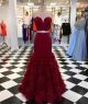 Mermaid Strapless Burgundy Satin Tulle Ruffle Beaded Prom Dress