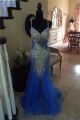 Mermaid Sweetheart Open Back Royal Blue Tulle Beaded Prom Dress With Straps