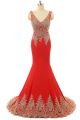 Mermaid V Neck And Back Long Red Satin Gold Lace Beaded Prom Dress