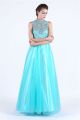 Modest A Line High Neck Keyhole Back Long Aqua Tulle Beaded Prom Dress