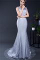 Modest Mermaid Round Neck Full Back Grey Lace Formal Occasion Evening Dress