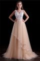 Princess A Line V Neck Low Back Champagne Tulle Lace Prom Dress