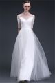 Princess Illusion Neckline White Tulle Beaded Wedding Prom Dress With Sleeves