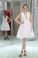 Princess V Neck Sleeveless Short White Tulle Lace Prom Dress With Flowers