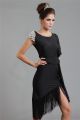 Round Neck Cap Sleeve Short Black Jersey Fringe Beaded Party Prom Dress