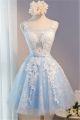 Scoop Neck Light Blue Tulle White Lace Short Prom Dress With Sash