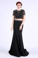 Scoop Neck Two Piece Black Satin Tulle Beaded Prom Dress With Short Sleeves