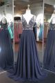 Sexy A Line Deep V Neck Long Navy Blue Chiffon Beaded Prom Dress