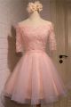 Sexy A Line Off The Shoulder Short Blush Pink Tulle Lace Prom Dress With Sleeves