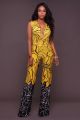Sexy Deep V Neck Black And Yellow Printed Wide Legged Pants Women Jumpsuit