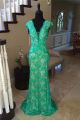 Sexy Deep V Neck Low Back Cap Sleeve Green Lace Beaded Prom Dress