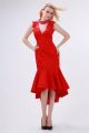 Sexy Fitted Cutout Tea Length Red Taffeta Applique Beaded Prom Dress