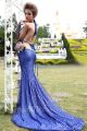 Sexy Halter Cut Out Backless Royal Blue Tulle Sequin Evening Dress With Train