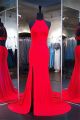 Sexy High Slit Cut Out Back Long Red Jersey Evening Prom Dress