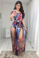 Sexy High Slit Short Sleeve Red Feather Printed Women Jumpsuit For Prom