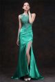 Sexy Mermaid High Slit Jade Green Silk Satin Tulle Lace Beaded Prom Dress