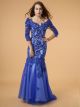 Sexy Mermaid Off The Shoulder Backless Royal Blue Lace Tulle Prom Dress With Sleeves
