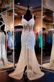 Sexy Mermaid Sweetheart Backless Sheer Champagne Tulle Beaded Prom Dress With Straps