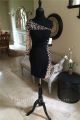 Sexy Tight One Shoulder Short Black Jersey Beaded Prom Dress With Sleeve