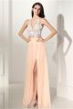 Sexy V Neck High Slit Open Back Long Peach Chiffon Lace Prom Dress