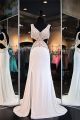 Sexy V Neck Side Cut Out White Pearl Beaded Prom Dress With Slit