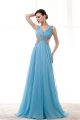 Sexy V Neck Side Cutout Sheer Back Long Sky Blue Chiffon Beaded Prom Dress