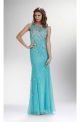 Sheath Bateau Neckline Backless Long Turquoise Tulle Beaded Prom Dress