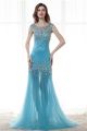 Sheath Bateau Neckline Sky Blue Tulle Beaded See Through Prom Dress