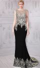 Sheath Bateau Neckline Sleeveless Black Satin Gold Lace Applique Evening Prom Dress