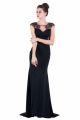 Sheath Cap Sleeve Sheer Back Black Jersey Tulle Beaded Prom Dress