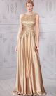 Sheath Crew Neckline Long Champagne Satin Lace Beaded Evening Dress With Sash