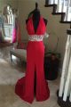 Sheath Halter Backless High Slit Long Red Jersey Beaded Prom Dress