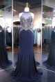 Sheath Halter Backless Navy Blue Jersey Beaded Evening Prom Dress