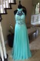 Sheath Halter Cut Out Back Long Aqua Chiffon Applique Prom Dress