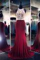 Sheath High Neck Long Burgundy Jersey Tulle Beaded Prom Dress