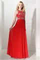 Sheath High Neck Open Back Long Red Chiffon Beaded Prom Dress