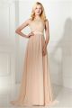 Sheath High Neck Sheer Back Long Peach Lace Chiffon Prom Dress With Sash