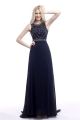 Sheath High Neck Sleeveless Long Navy Chiffon Beaded Prom Dress