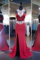 Sheath Jewel Neckline Cut Out High Slit Red Jersey Beaded Prom Dress