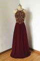 Sheath Low Back Long Burgundy Chiffon Gold Beaded Prom Dress With Straps