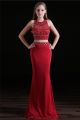 Sheath Open Back Two Piece Long Red Jersey Beaded Evening Prom Dress