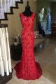 Sheath Scoop Neck Backless Long Red Lace Beaded Prom Dress